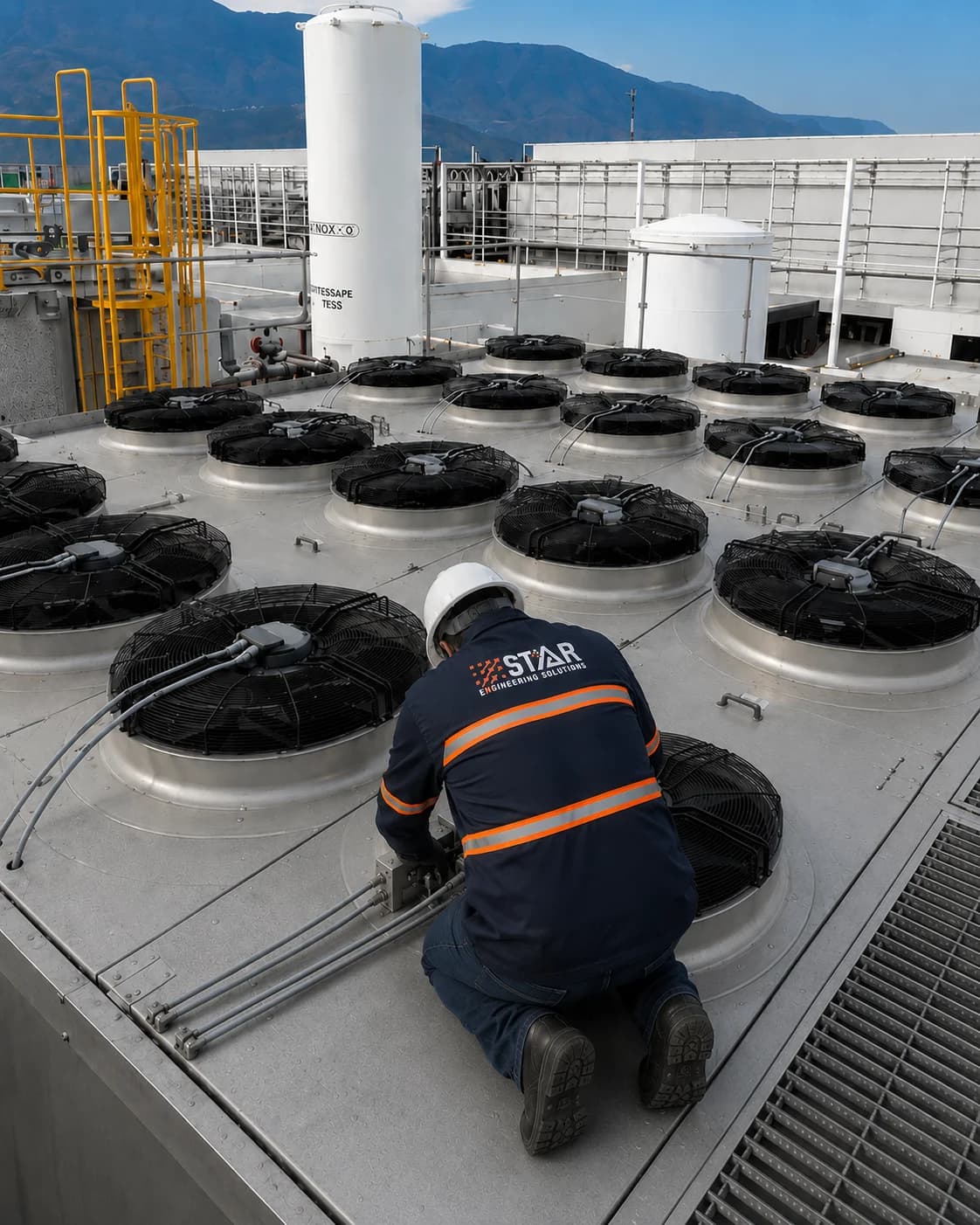 Vista de planta industrial con sistema de ventilación y extracción en operación.