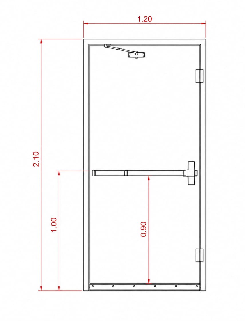 Plano de dimensiones de puerta corta fuego de una hoja de 1.20 por 2.10 metros.