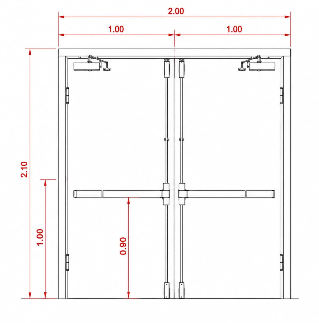 Plano de dimensiones de puerta corta fuego de dos hojas de 2.00 por 2.10 metros.